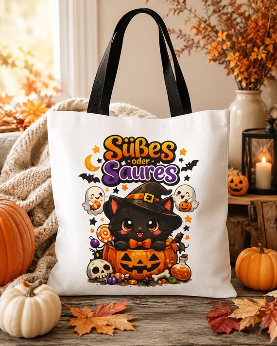 Weiteres Produktbild: Halloween Tasche für Kinder, Süßes oder Saures Hexe, Halloween Katze, Kinder Halloween Bag, Süßígkeiten Tasche