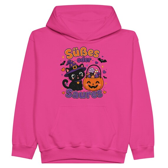 Weiteres Produktbild: Kinder Halloween Hoodie mit Hexenkatze – Süßes oder Saures Kawaii Pullover