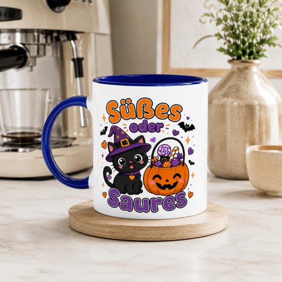 Weiteres Produktbild: Halloween Tasse mit Hexenkatze – Süßes oder Saures Kawaii Becher
