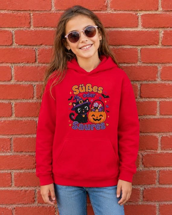 Weiteres Produktbild: Kinder Halloween Hoodie mit Hexenkatze – Süßes oder Saures Kawaii Pullover