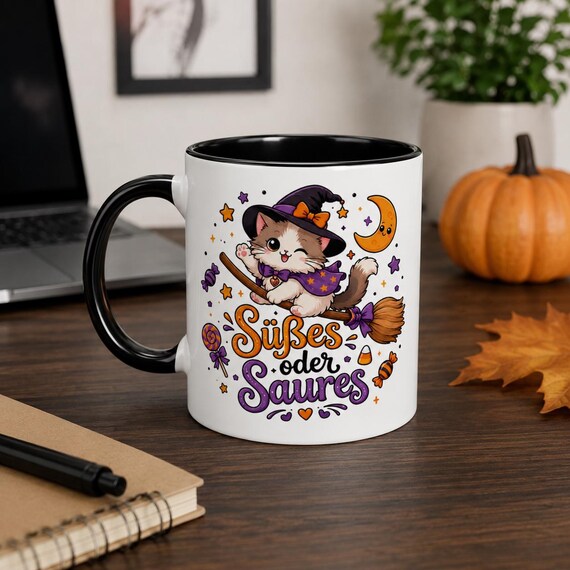 Weiteres Produktbild: Halloween Tasse mit Hexenkatze – Süßes oder Saures Kawaii Becher