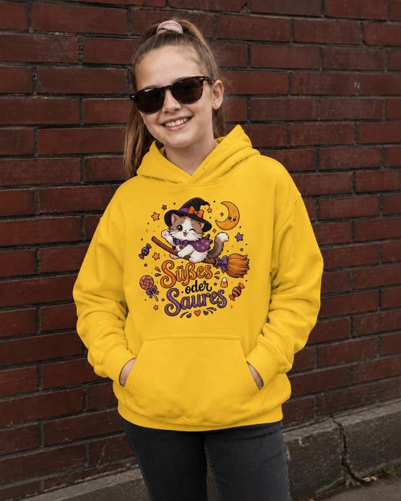 Weiteres Produktbild: Halloween Kinder Hoodie mit Hexenkatze – Süßes oder Saures
