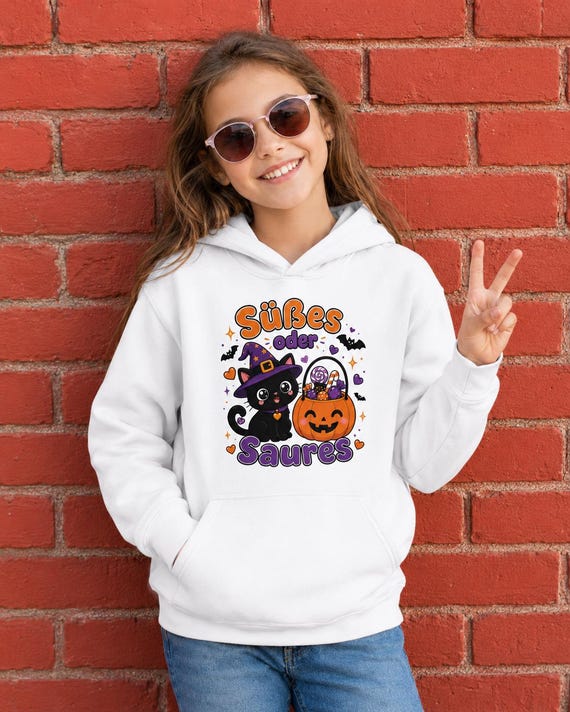 Weiteres Produktbild: Kinder Halloween Hoodie mit Hexenkatze – Süßes oder Saures Kawaii Pullover