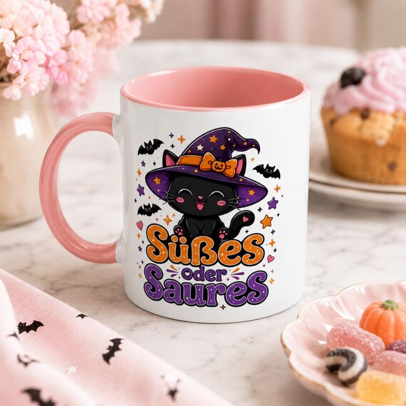 Weiteres Produktbild: Halloween Tasse mit Hexenkatze – Süßes oder Saures Kawaii Katzenbecher