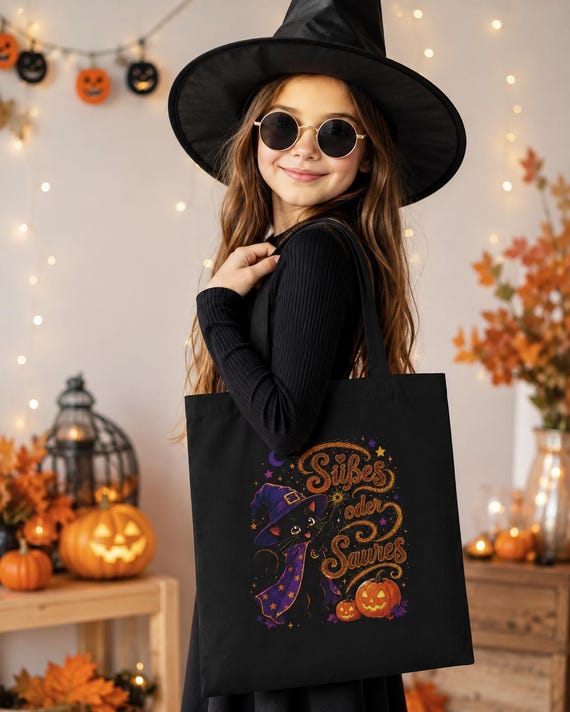 Weiteres Produktbild: Halloween-Tragetasche mit Hexenkatze – Süßes oder Saures