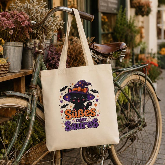 Weiteres Produktbild: Halloween Tragetasche mit Hexenkatze – Süßes oder Saures Beutel