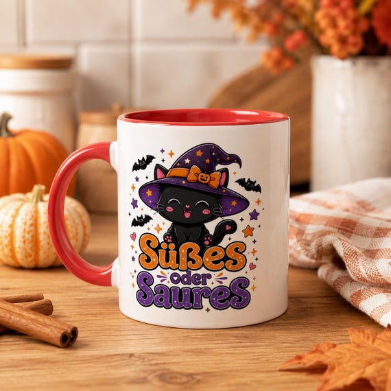 Weiteres Produktbild: Halloween Tasse mit Hexenkatze – Süßes oder Saures Kawaii Katzenbecher