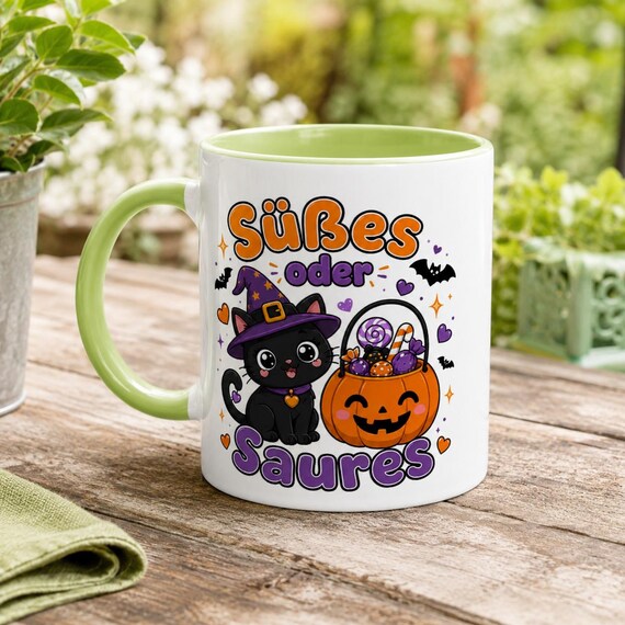 Weiteres Produktbild: Halloween Tasse mit Hexenkatze – Süßes oder Saures Kawaii Becher