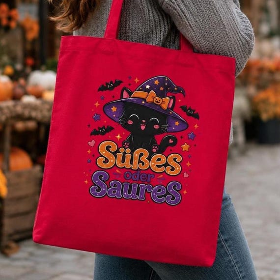 Weiteres Produktbild: Halloween Tragetasche mit Hexenkatze – Süßes oder Saures Beutel