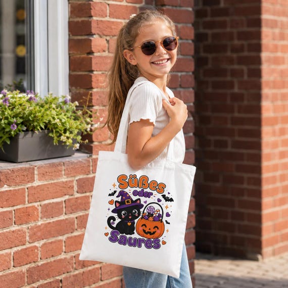 Weiteres Produktbild: Halloween Tragetasche Kinder – Süßes oder Saures Beutel mit Hexenkatze