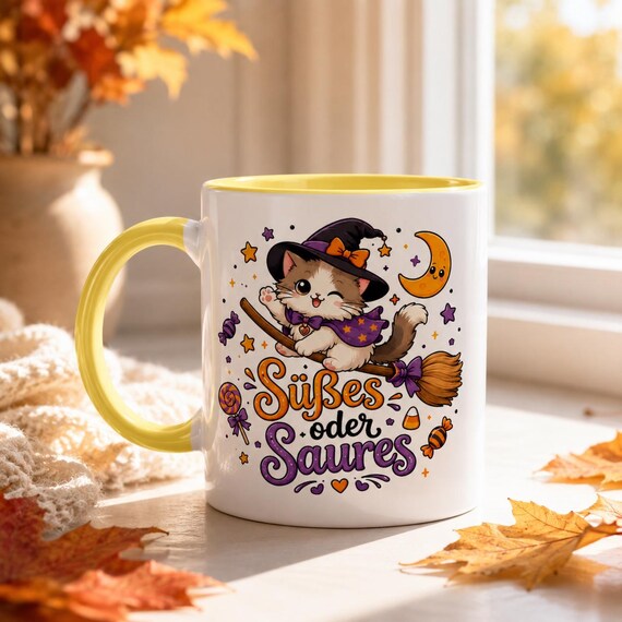 Halloween Tasse mit Hexenkatze – Süßes oder Saures Kawaii Becher
