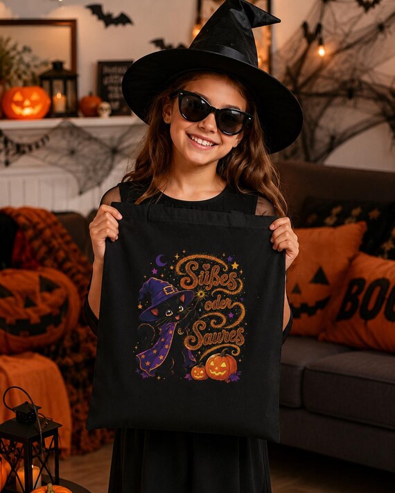 Weiteres Produktbild: Halloween-Tragetasche mit Hexenkatze – Süßes oder Saures