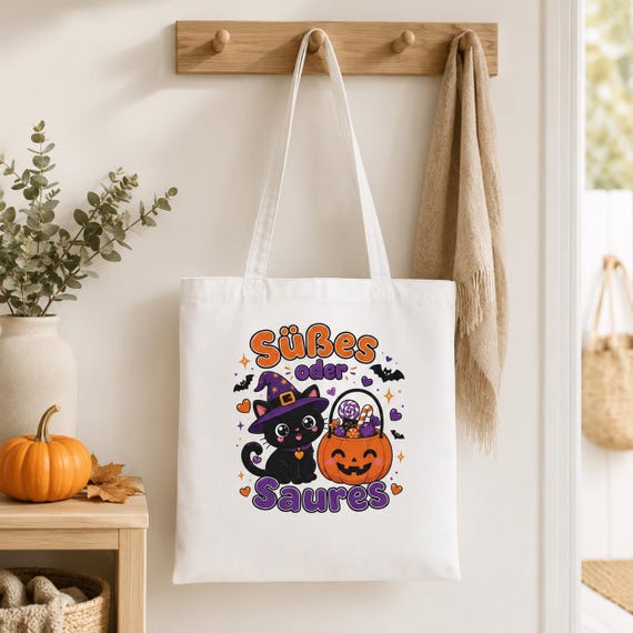 Weiteres Produktbild: Halloween Tragetasche Kinder – Süßes oder Saures Beutel mit Hexenkatze