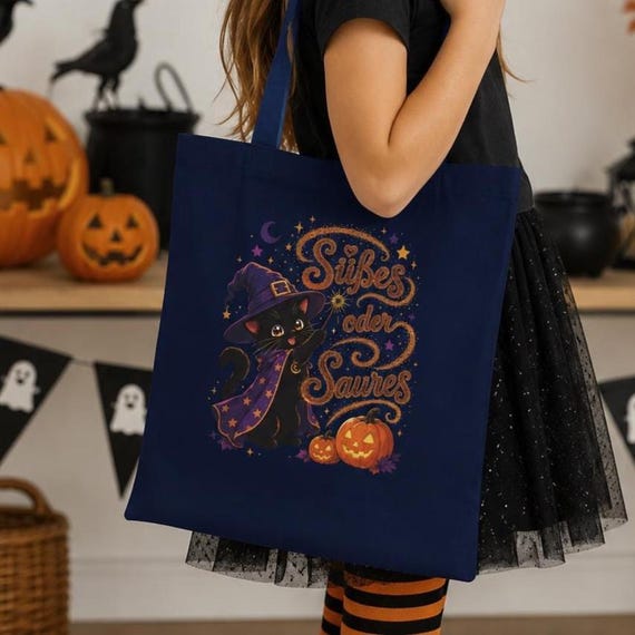 Halloween-Tragetasche mit Hexenkatze – Süßes oder Saures