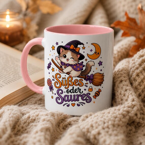 Weiteres Produktbild: Halloween Tasse mit Hexenkatze – Süßes oder Saures Kawaii Becher