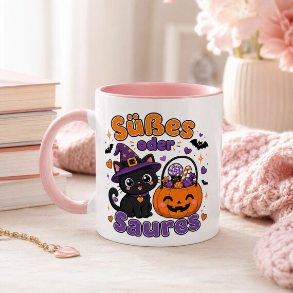 Weiteres Produktbild: Halloween Tasse mit Hexenkatze – Süßes oder Saures Kawaii Becher
