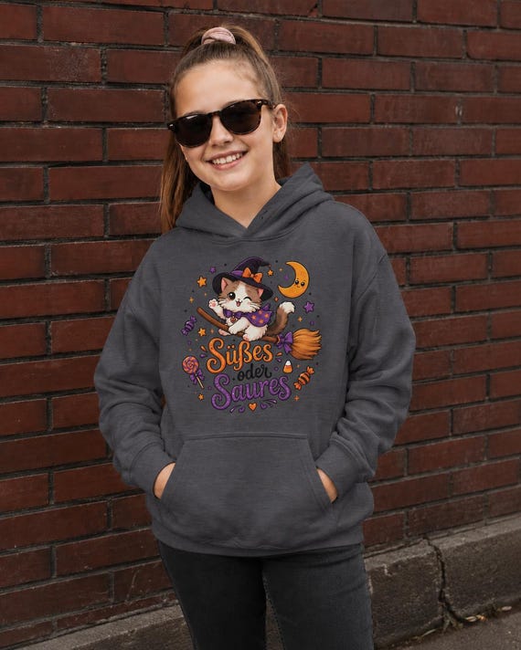 Weiteres Produktbild: Halloween Kinder Hoodie mit Hexenkatze – Süßes oder Saures
