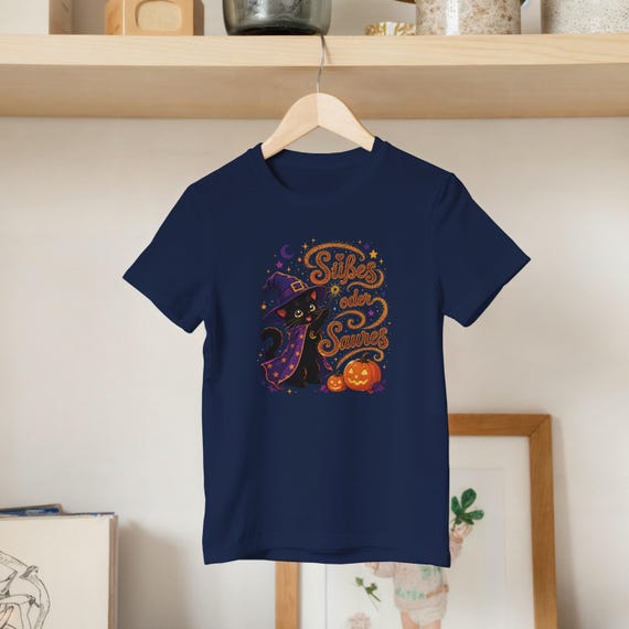 Weiteres Produktbild: Halloween T-Shirt für Kinder mit Hexenkatze, Kürbis und „Süßes oder Saures“