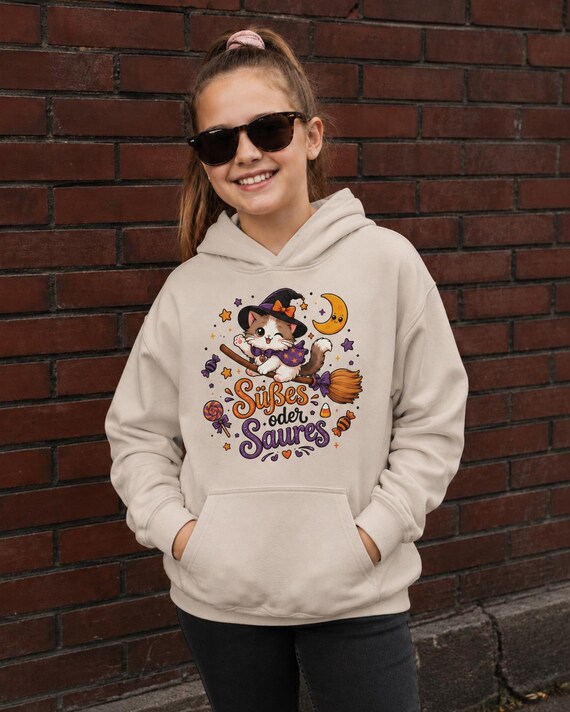 Weiteres Produktbild: Halloween Kinder Hoodie mit Hexenkatze – Süßes oder Saures