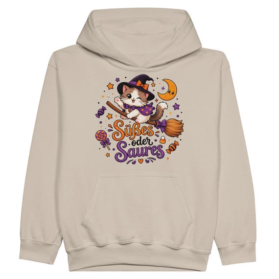 Weiteres Produktbild: Halloween Kinder Hoodie mit Hexenkatze – Süßes oder Saures
