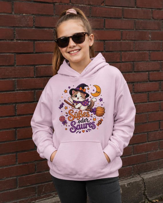 Weiteres Produktbild: Halloween Kinder Hoodie mit Hexenkatze – Süßes oder Saures
