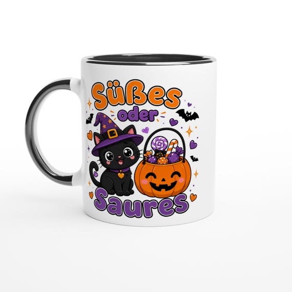 Weiteres Produktbild: Halloween Tasse mit Hexenkatze – Süßes oder Saures Kawaii Becher