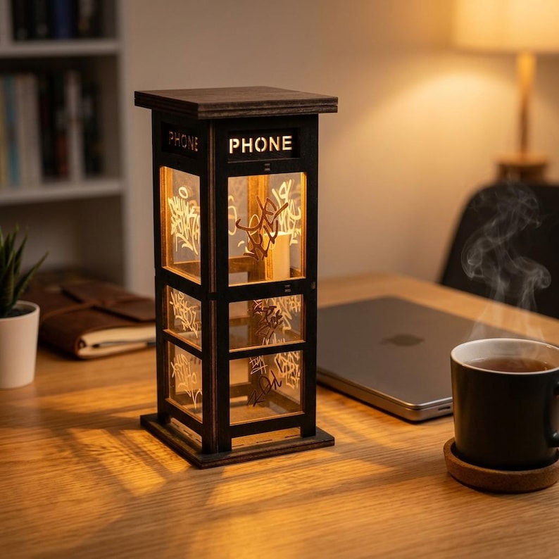 May include: A dark brown wooden lamp shaped like a classic British telephone booth. The structure features a square top and base with vertical panels. The word PHONE is cut out at the top, and the glass panels are etched with white graffiti-style art.