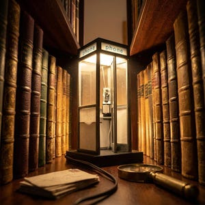 May include: A miniature illuminated telephone booth lamp with black framing and the word phone printed on the top panels. The structure features clear glass-like walls, an internal telephone handset, and a black base, emitting a warm light.