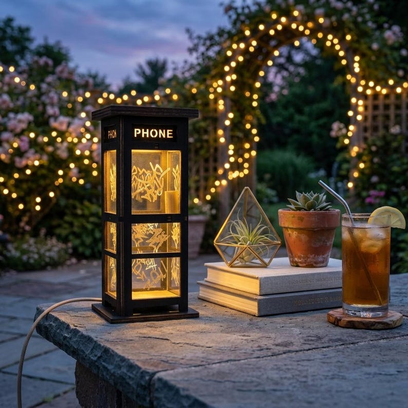 May include: A black, rectangular, illuminated lamp shaped like a vintage telephone booth with the word PHONE printed on the top. The lamp features glass panels with etched graffiti-style patterns and is powered by a thin white electrical cord.