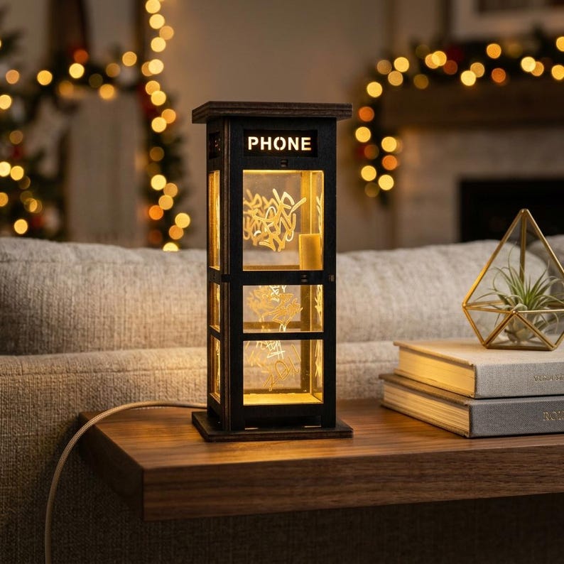 May include: A rectangular wooden lamp shaped like a classic British telephone booth with a black frame and clear panels. The top panel features the word PHONE in cut-out letters. The interior is illuminated, casting a warm glow through the glass.