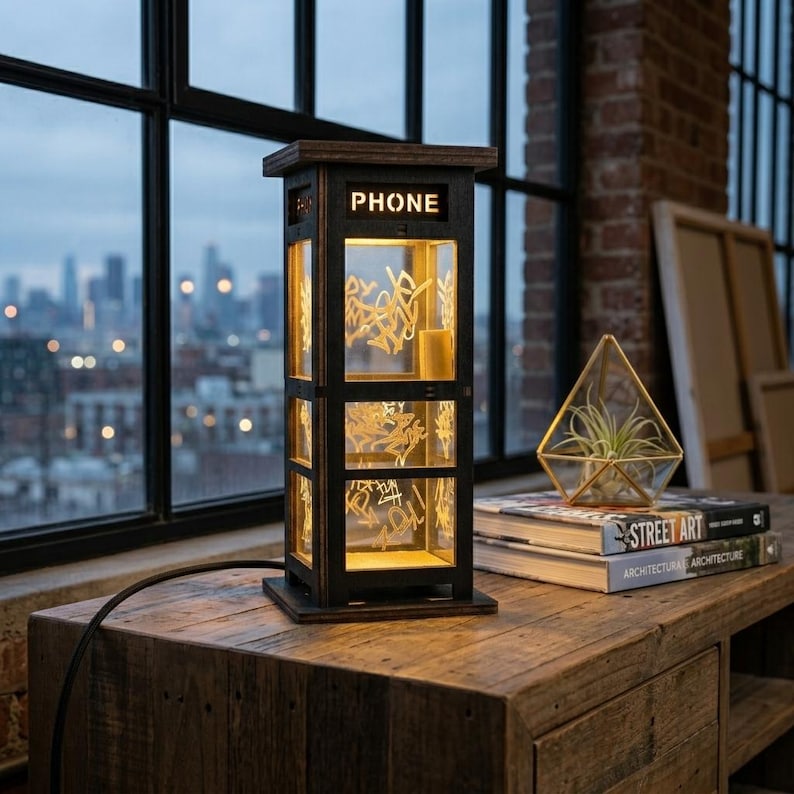 May include: A rectangular wooden lamp shaped like a vintage telephone booth with a dark finish. The top panel features the word PHONE in cut-out letters. The glass sides are etched with intricate graffiti-style patterns illuminated from within.