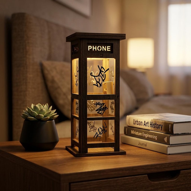 May include: A dark brown wooden lamp shaped like a vintage telephone booth with a square base and top. The structure features clear panels decorated with black graffiti-style lettering and the word PHONE illuminated in white at the top.