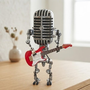 Lampada da tavolo a forma di microfono robot / Decorazione da scrivania retrò per chitarrista, luce notturna in metallo e plastica, regalo per amanti della musica / Decorazione per casa e ufficio