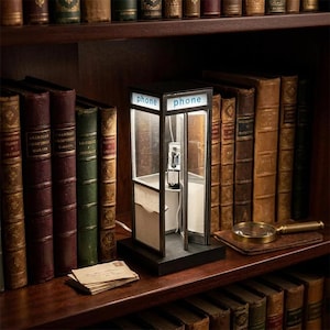 May include: A miniature illuminated telephone booth lamp with a black frame and white panels featuring the word phone in blue text. The structure includes a small internal telephone handset and sits on a square black base among old books.
