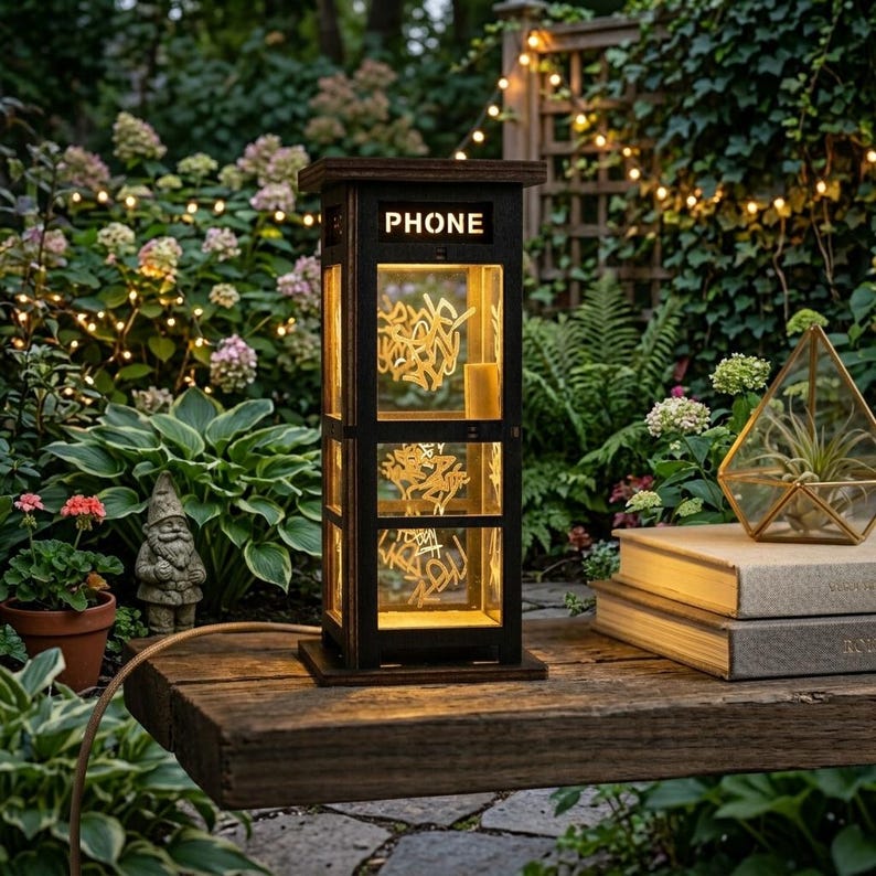May include: A black wooden lantern shaped like a classic British telephone booth with the word PHONE cut out at the top. The lantern features clear panels with intricate gold-colored line art designs and emits a warm, soft internal glow.