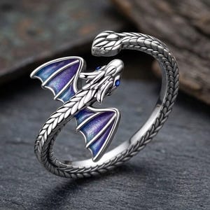 Adjustable Stainless Steel Dragon Ring - Fantasy Mythical Creature Ring with Iridescent Purple Wings