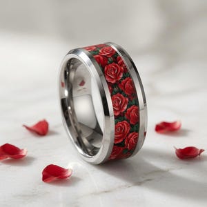 Red Roses Stainless Steel Ring - Romantic Floral Wedding Band for Women & Men, Elegant Couple Jewelry Gift