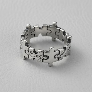 Puzzle Piece Ring Stainless Steel, Unisex Statement Band, Unique Silver Puzzle Jewelry, Couple Ring Gift