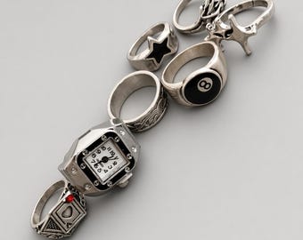 Y2K Lot of 7 Silver-Tone Stainless Steel Rings – Vintage-Inspired Statement Designs for Men & Women