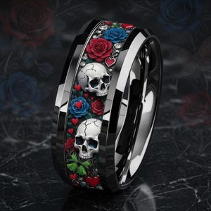 Gothic Skull Rose Wedding Band Stainless Steel - Red Blue Roses & Butterfly Skull Ring Halloween Unisex Couple Ring Gift
