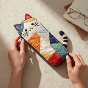May include: A quilted fabric pencil case shaped like a cat with a patchwork design in shades of orange, yellow, blue, red, and white. The cat face features embroidered black eyes, whiskers, and a pink nose, with two ears and a striped tail attached.