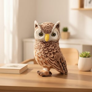 May include: A plush owl toy featuring a detailed brown and white feather pattern, large round yellow eyes, and a bright yellow beak. The stuffed animal is depicted in a standing position with textured plumage and pointed ear tufts on its head.