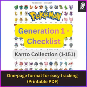 Könnte beinhalten: Eine digitale Checkliste mit dem Pokémon-Logo und dem Text Generation 1 - Checklist Kanto Collection (1-151) One-page format for easy tracking (Printable PDF). Das Dokument zeigt kleine, farbenfrohe Illustrationen von 151 verschiedenen Kreaturen.