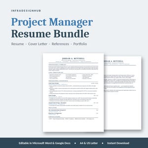 May include: A digital Project Manager Resume Bundle featuring a resume, cover letter, references, and portfolio template. The document displays the name Jordan A. Mitchell, professional summary, core competencies, and work experience in black text.