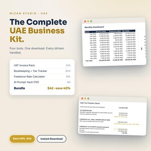 以下が含まれることがあります： UAE向けデジタルビジネスキット。月次ダッシュボード、VAT請求書パック、会計・税務トラッカー、フリーランス料金計算ツール、AIプロンプト保管庫が含まれており、財務表や税務状況チェックのデータが表示されています。