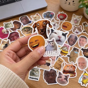 Może przedstawiać: Kolekcja różnorodnych naklejek winylowych przedstawiających popularne twarze z memów internetowych, w tym koty, psy i ludzkie miny. Naklejki są wycięte po obrysie z białymi obwódkami i prezentują humorystyczne grafiki, w tym kota z napisem HUH?.