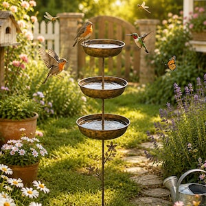 Può includere: Una vaschetta per uccelli in metallo color bronzo a tre livelli, dotata di un palo centrale con decorazioni floreali alla base. Ognuna delle tre ciotole circolari è riempita d'acqua, offrendo uno spazio funzionale per gli uccelli.
