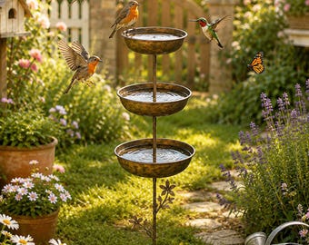 3 Tier Metal Bird Bath, Garden Stake Bird Feeder, Vintage Outdoor Yard Decor, Tiered Water Bowl, Gift for Bird Lovers