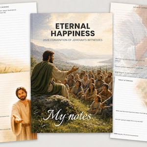 Può includere: Un taccuino intitolato ETERNAL HAPPINESS 2026 CONVENTION OF JEHOVAH'S WITNESSES con un'illustrazione di copertina che mostra una figura che insegna a una folla all'aperto. Il set include diverse pagine a righe con intestazioni e illustrazioni.