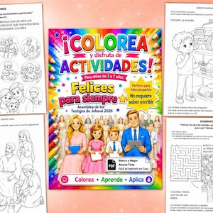 May include: A colorful activity book cover titled ¡COLOREA y disfruta de ACTIVIDADES! featuring a family illustration, surrounded by four black and white activity pages with line drawings, text, and puzzles for children to color and complete.